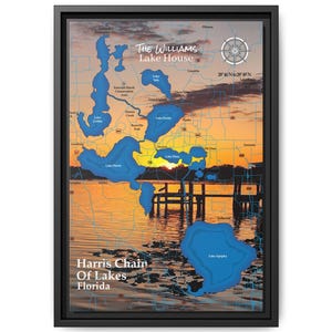Mapa de la cadena de lagos de Harris, Florida. Decoración de pared en lienzo enmarcado. Decoración de pared de casa de lago, decoración de pared de atardecer tropical, decoración de pared de playa, Florida.