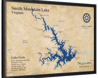 Smith Bergsee Karte | Leinwand gerahmt | Personalisierte See Haus Wand Kunst | Rustikales Cabochon Dekor | Virginia Lake Karte Geschenk | Lake Daten Karte.