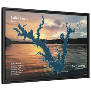 Custom Canvas Lake Map For Wall, Lake Fork Lake Map, Lake Fork Facts Framed Wall Canvas For Lake House Decor 2 Sizes 4 Backgrounds Your Text