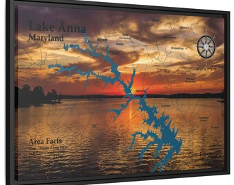 Lake Anna Maryland Karte | Gerahmte Leinwand Wand Kunst | Personalisierte See Haus Dekor | Benutzerdefinierte See Karte Druck | Maritime Kunst | See Fakten