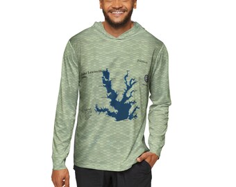 LakeLewisville Kapuzenpullover | UPF50 Angeln Shirt | Individuelles See Kartendesign | Mehrere Stile | Personalisierte Texas Lake Zahnrad