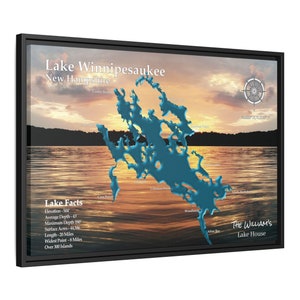 Personalized Lake Winnipesaukee Lake Map Framed Canvas - Lake Wall Art For Lake House Decor Home Decor Gifts - Choose Backgrounds And Sizes.