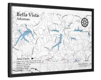 Bella Vista Arkansas Lake Karte | Gerahmte Leinwand Wand Kunst | Personalisierte See Dekor | Benutzerdefinierte Bella Bella Map | Arkansas Zuhause Kunst | See Fakten.