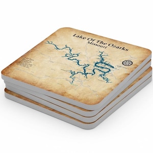 Any Lake Custom Lake Map Stone Coasters – Custom Coasters For Lake House Decor Gifts - Set of 4 With Non-Skid And Non Scratch Cork Back 4"x4