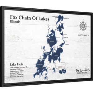 Fox Chain Of Lakes Lake kaart ingelijst canvas muurkunst print voor Lake House decor cadeau, aangepaste Lake Home decor cadeau voor vriend, 4 kleuren 2 maten