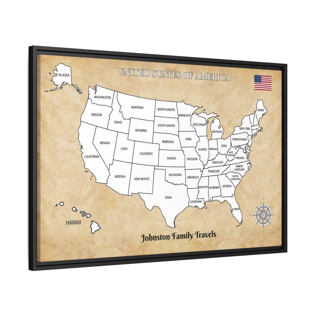 Us Map Frame United States Map Wall Art | Framed Canvas Map | Push Pin Travel ...
