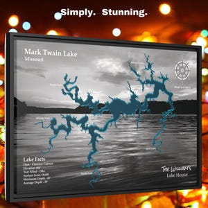 Stampa artistica da parete su tela con mappa del lago Mark Twain, per l'arredamento della casa sul lago. Mappa da parete personalizzata su tela, disponibile in 4 sfondi e 2 dimensioni.