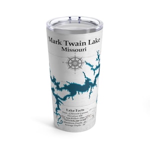 Vaso personalizado con el lago Mark Twain, regalo para amantes del lago y navegantes. Vaso personalizado con mapa del lago Mark Twain. Elija entre cuatro fondos.