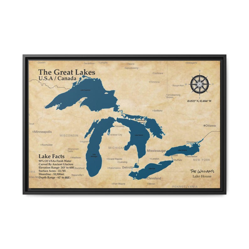 Great Lakes Map | Framed Lake Art | Customizable Nautical Wall Decor