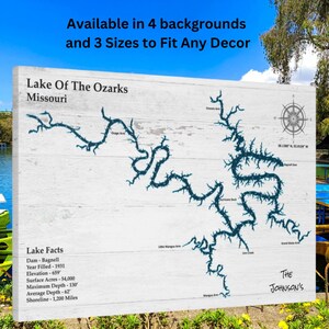 Lago dos Ozarks Decoração de mapa do lago Arte de mapa do lago em tela de parede para decoração de casa no lago - Impressão em tela personalizada de alta qualidade em moldura grossa.