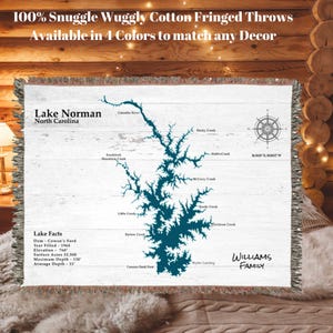 Coperta personalizzata in tessuto regalo, la tua scelta di sfondo mappa del lago, aggiungi testo personalizzato e personalizza, due dimensioni - Lake Norman