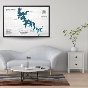 Percy Priest Lake-kaart op maat ingelijste canvas muurkunstprint voor Lake House Decor, gepersonaliseerd Lake Decor cadeau voor vrienden - in 4 achtergronden.