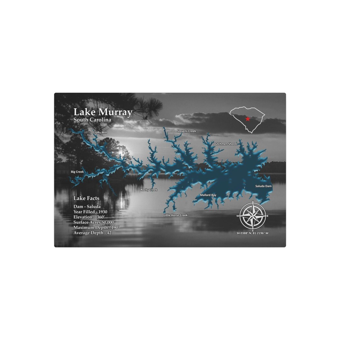 Lake Murray Map Metal Wall Art Stunning Lake Map Print on Durable Metal ...