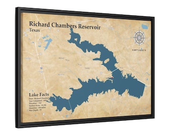 Richard Accessories Stausee gerahmt Leinwand Wand Kunst | Texas Lake Karte Dekor | Premium See Haus Kunstwerk | Angeln & Bootfahren, See Haus Dekor