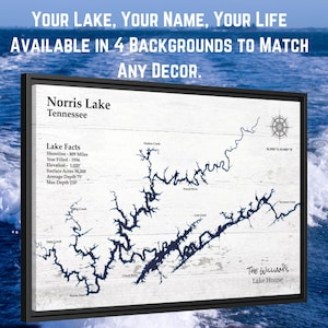 Stampe artistiche da parete su tela con mappa del lago Norris per decorare la casa sul lago - Regalo di inaugurazione della casa personalizzato per la casa sul lago - Scegli 4 sfondi.