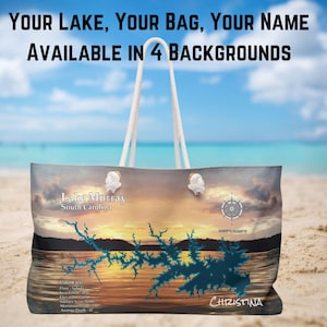 Cadeaux personnalisés pour les plaisanciers du lac Murray - Sac de week-end avec carte du lac Murray - Sac fourre-tout avec le lac Murray en arrière-plan.