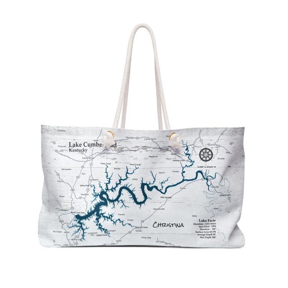 customized travel map tote bags Lake Cumberland Tote Bag | 24x13 Large Lake Map Bag | Custom Lake House Gift | Personalized Lake Design