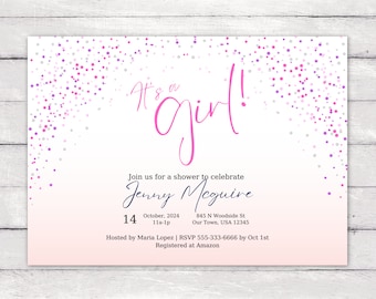 Baby Shower Invite Girl Pink Confetti (Landscape)