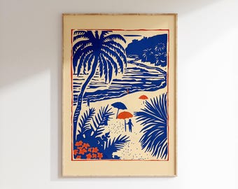 Tropical Beach Art Print, Blue & Orange Chinoiserie Coastal Decor
