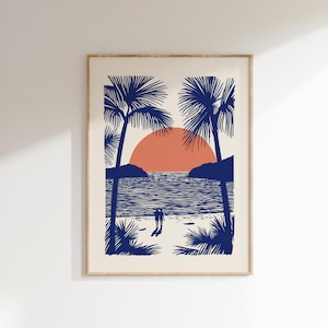 Impresión artística vintage de atardecer en la playa, arte de pared costero retro, póster minimalista del océano, ilustración de pareja retro, decoración de casa de playa, impresión de verano