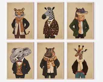 May include: Six framed illustrations of animals wearing clothing. The animals are a tiger, zebra, alligator, elephant, hippopotamus, and giraffe. Each animal is wearing a different outfit, including a scarf, jacket, and pants.