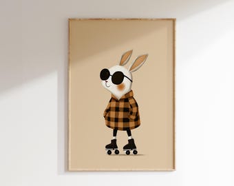 Cool Bunny Wall Art Animal Poster Woodland Vintage Roller Skate Print Kids Room Neutral Nursery Decor Cute Whimsical Eclectic Nursery Art