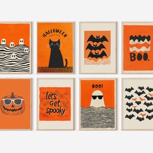 Decorazioni stampabili divertenti e spettrali di Halloween / Set di 8 stampe digitali, divertenti decorazioni murali di Halloween, arte vintage di Halloween, poster alla moda di Halloween