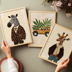 Safari Animal Wall Art Set Giraffe Zebra Jeep Print Jungle Wall Art Nursery Decor Kids Room Poster Set of 3 Boho Nursery Prints