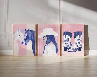 Kokette Cowgirl Wand Kunst Prints: Pink Western Dekor Set