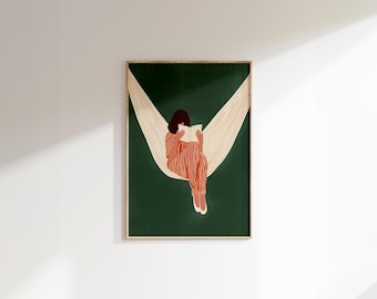 Emerald Green Wall Art: Woman Reading in Hammock, Minimalist Print