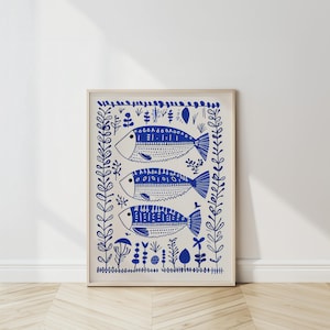 Arte de pared azul con estampado de peces para habitación infantil, decoración de sala de estar, arte de pared costero, arte popular, sardinas regordetas, arte de pared ecléctico, decoración de guardería