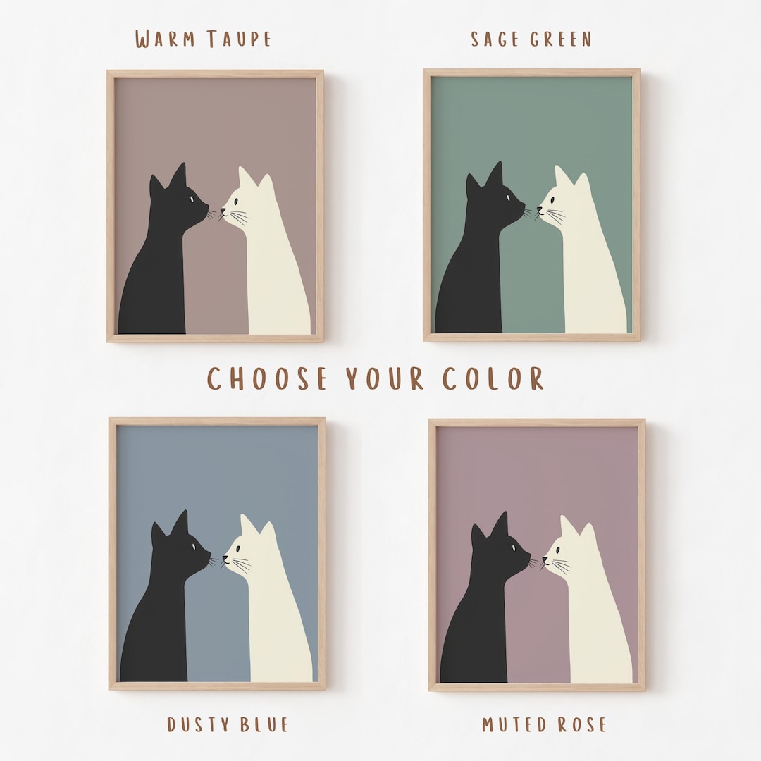 Minimal Wall Art Print, Black and White Cats Illustration, Neutral ...