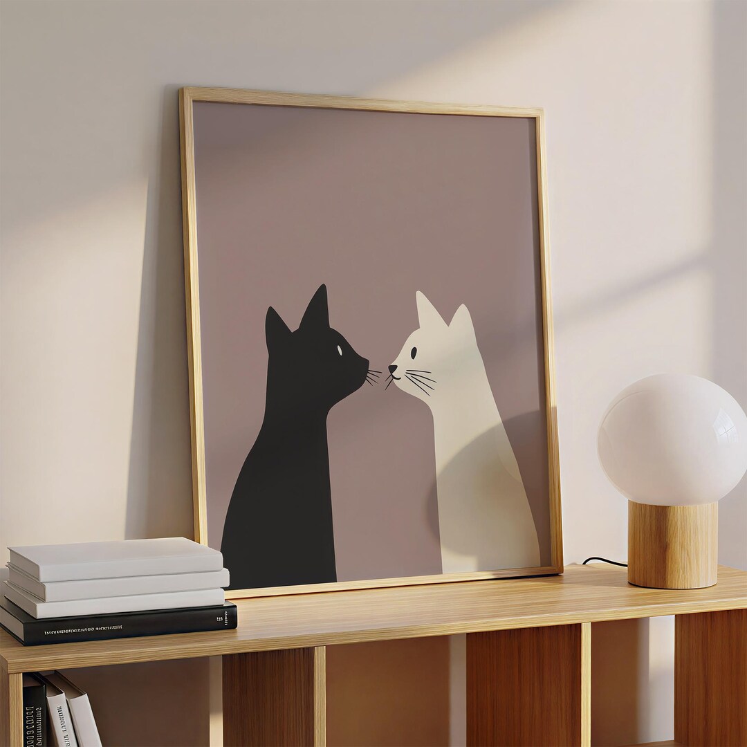 Minimal Cat Wall Art Print, Black and White Cats Illustration ...