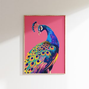 Art mural paon, imprimé animal coloré, affiche rose, impressions animalières, illustration aux couleurs vives, art mural encadré
