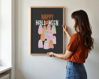 Fantasmas de arcoíris pastel para Halloween / Póster imprimible Kawaii (Descarga digital)