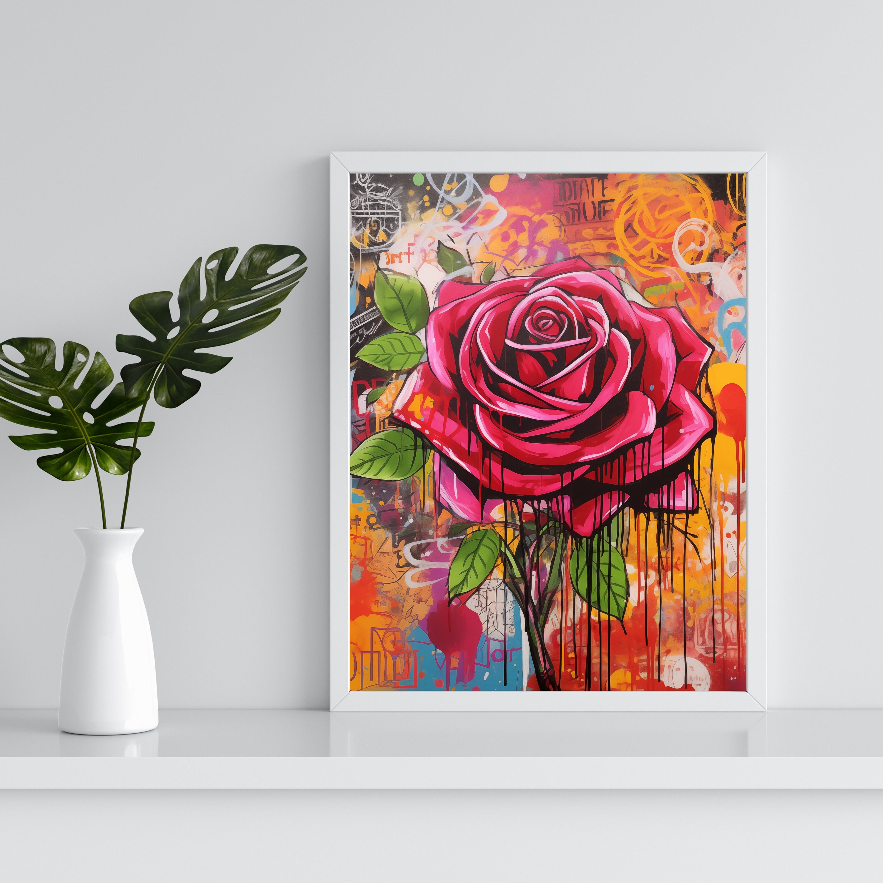 Graffiti Rose Art - Vibrant Urban Flower Canvas - Colourful
