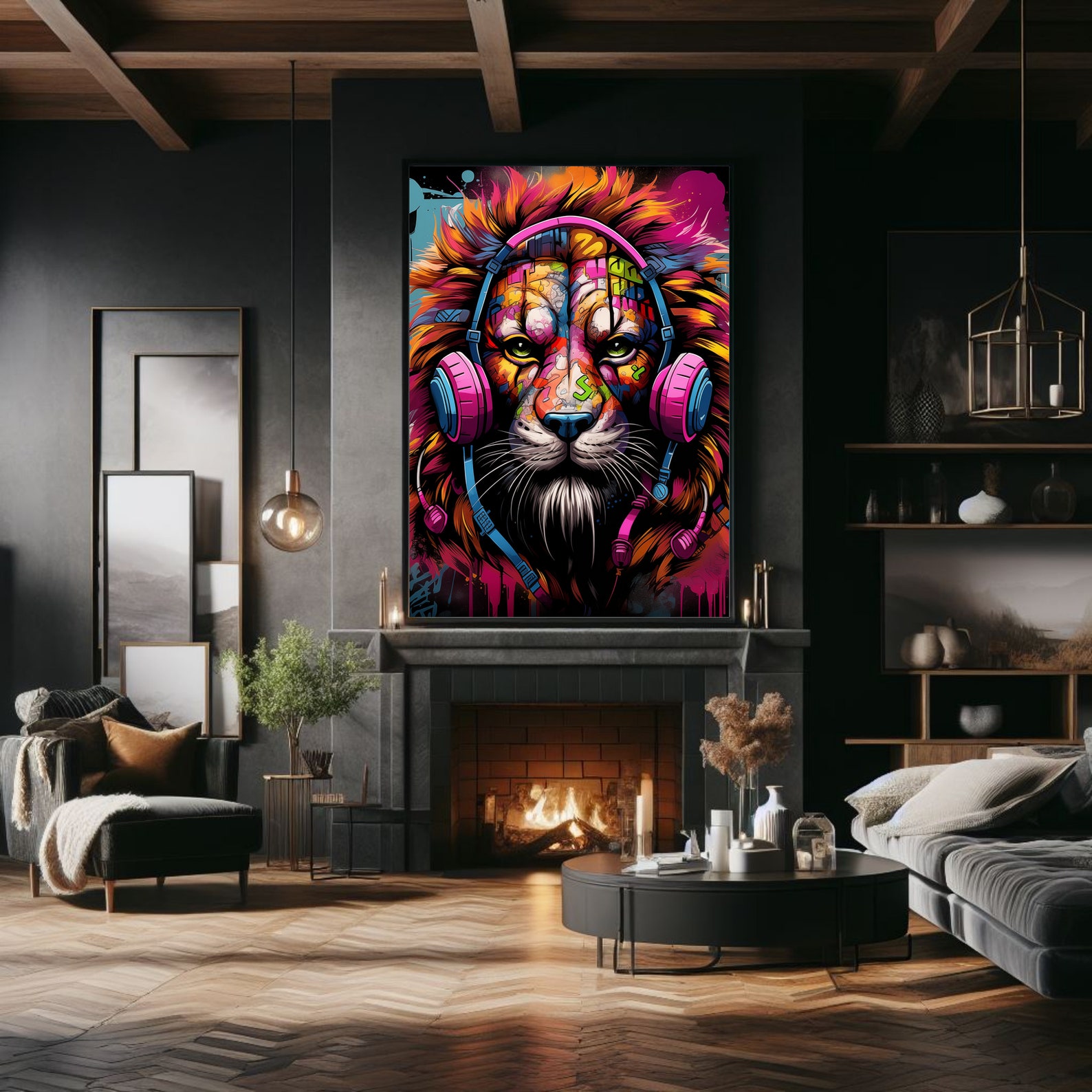 Street Art Lion: Colorful Graffiti Lion With Headphones Contemporary ...