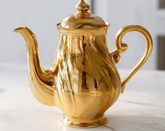 Vintage Händel Bavaria Gold Luster Teapot, Mid-Century Swirl Coffee Pot, German Fine China