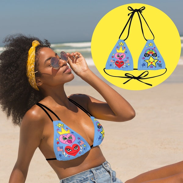 Meaner Things Emoji Strappy Bikini Top, Good vibes cartoon character summer bathing suit, beach swimsuit, cute kawii 90s triangle swimwear