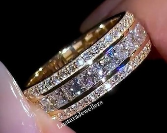 14K Gold Mens Wedding Band, Princess Cut Lab Diamond Pave Edge Band, Channel Setting Band, Everyday Men Band, Anniversary Gift For Him