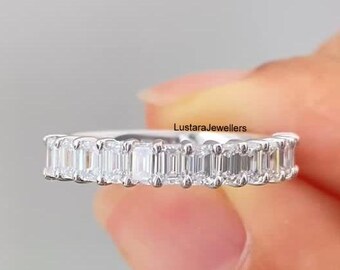 Emerald Cut Moissanite Eternity Band 14K White Gold, Stackable Wedding Ring, Minimal Bridal Anniversary Gift for Her