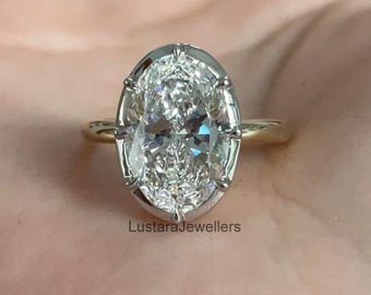 18k Two Tone Gold Solitaire Diamond Ring, 2.5 CT Oval Cut Moissanite Engagement Ring, Bezel With Prong Set, Every Occasion Wear Women's Ring