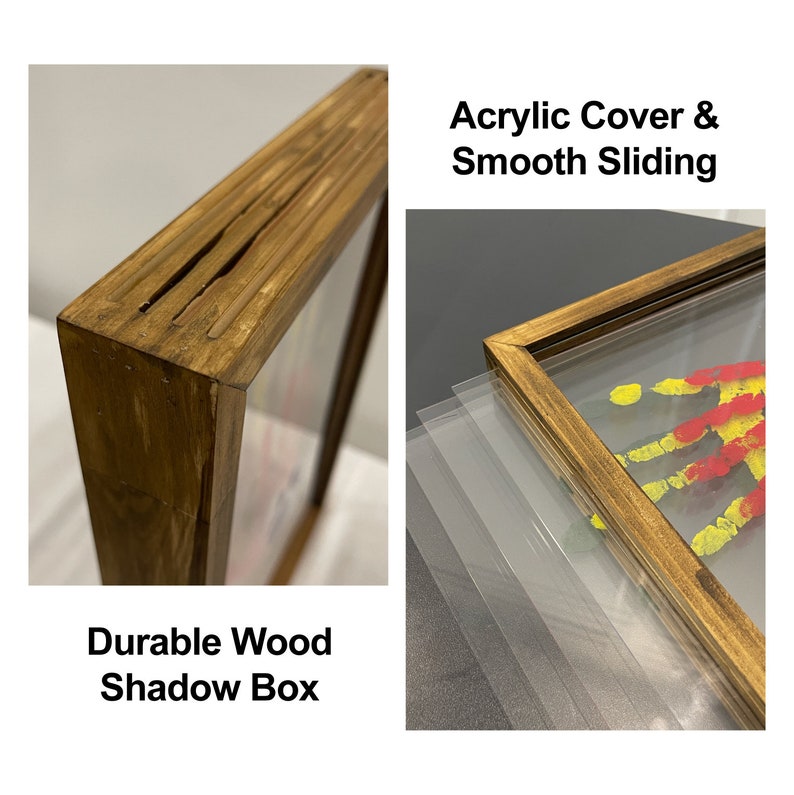 May include: A wooden shadow box with an acrylic cover. The frame is made of durable wood and has a smooth sliding acrylic cover. The image shows the shadow box with the text "Durable Wood Shadow Box" and "Acrylic Cover & Smooth Sliding".