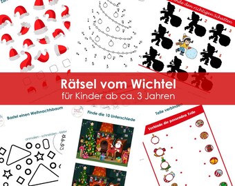 以下が含まれることがあります： 子供向けのクリスマスをテーマにしたアクティビティシートのコレクション。数え、マッチング、点つなぎ、塗り絵などのアクティビティが含まれています。サンタクロース、クリスマスツリー、その他の休日の要素が特徴です。テキストは「Rätsel vom Wichtel für Kinder ab ca. 3 Jahren」と表示されています。