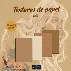 Puede incluir: Cuatro texturas de papel digitales en colores marrón, beige y crema. Las texturas están etiquetadas del 1 al 4. La imagen también incluye el texto "Texturas de papel vol.1" y "Descarga digital".