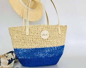 Handgemaakte gehaakte unieke raffia handtas, luxe design zomertas, schoudertas, handgeweven.