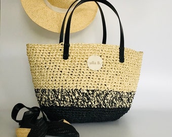Bolso de rafia único hecho a mano en crochet, bolso de verano de diseño de lujo, bolso de hombro, tejido a mano.