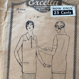 Può includere: Modello stampato vintage Excella con illustrazioni di due capi d'abbigliamento da donna. Il modello include il testo "The Perfect Printed Pattern" e "NOW ONLY 25 Cents". Il modello è su carta invecchiata.