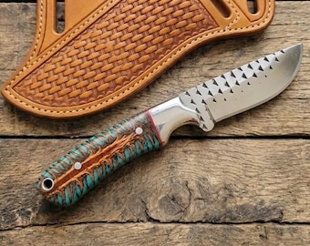 Handmade Rasp Steel Cowboy Knife with leather sheath , Western knife ,Tooled Leather , Gift for Him