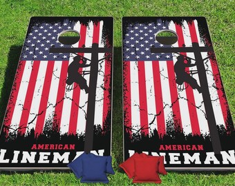 Lineman American Flag Cornhole Set, Power Pole Utility Worker Gift, Heavy Duty Tailgate Toss Game Linejunk 24x48 with 8 Regulation 16oz Bags